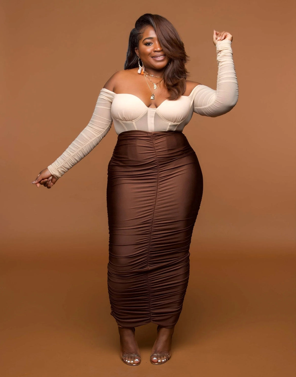 Nneka Ruched Mid Maxi Skirt-Chocolate